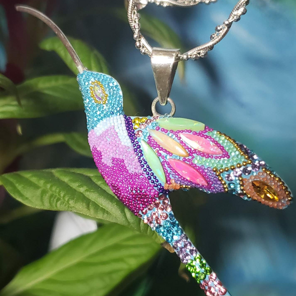 Crystals and Fire Opal Pendant Sterling Silver Hummingbird Charm Large