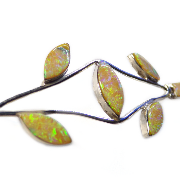 Sterling Silver Fire Opal Leaves 7.75" Tennis Chain Bracelet Yellow- Floral Designed