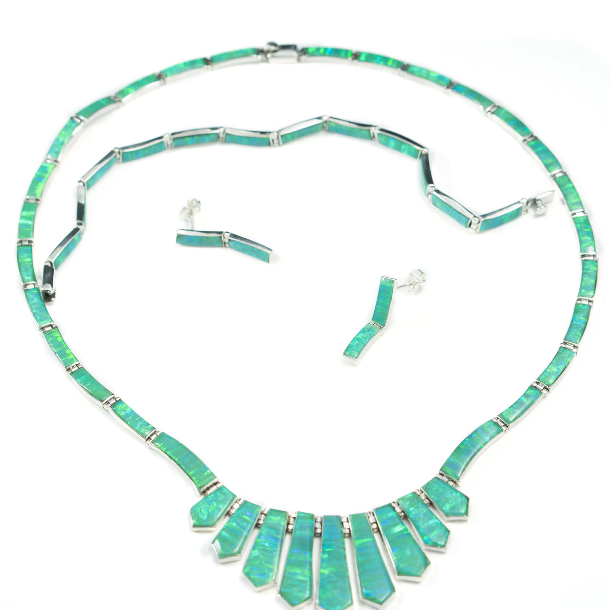 Green Opal Necklace Sterling Silver Earrings Bracelet Jewelry Set