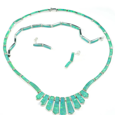 Green Opal Necklace Sterling Silver Earrings Bracelet Jewelry Set Unique